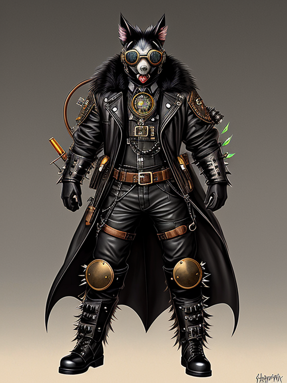 Concept art of hybrid monster between a skunk and a bat with shiny rubber skin, he's wearing a steampunk goggles and a gas mask with lots of tubes and spikes, creepy
