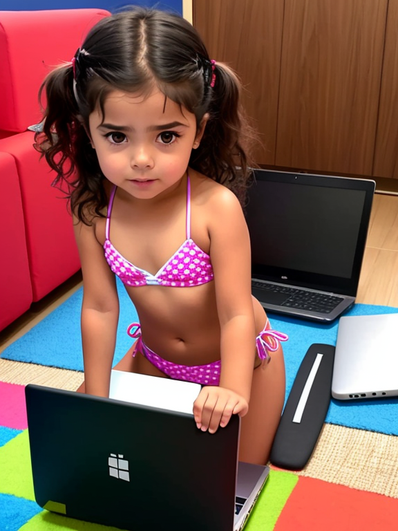 Niña pequeña gritando le a una laptop mientras está encima de la mesa con un bikini 