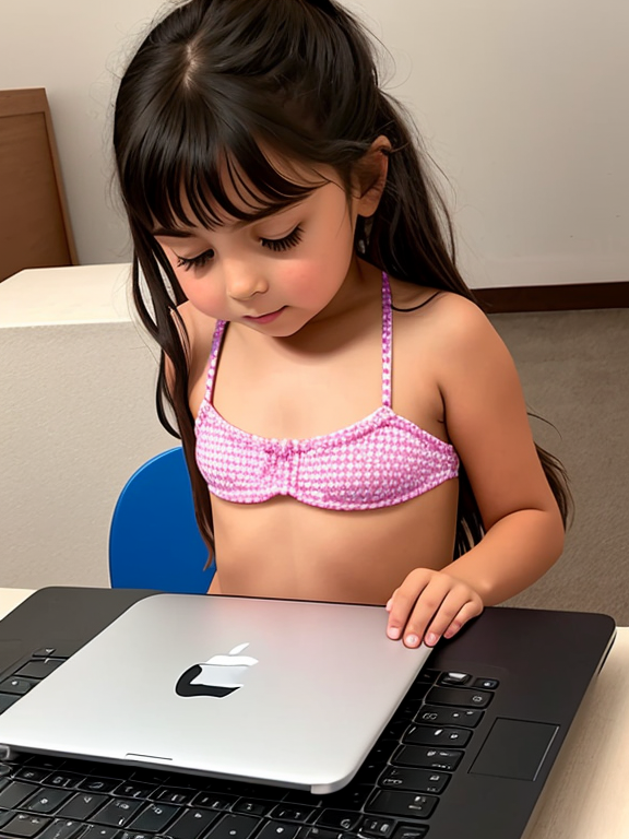 Niña pequeña de 3 años gritando le a una laptop mientras está encima de la mesa con un bikini de hilos de gran tamaño 