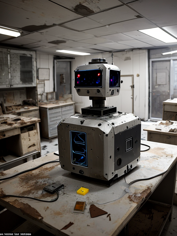 The rectangular head of the robot with a silver color is full of gunshot marks, it looks still intact and functional, emitting a few electric flashes and burning flames. room background The laboratory was in chaos and on 