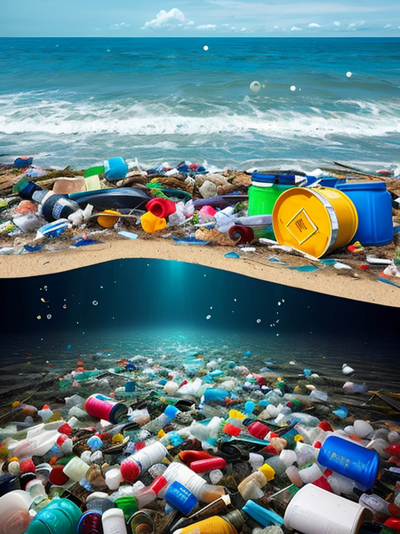 Garbage Patch Style Image:  Create an ocean scene with floating debris and plastic waste scattered around. Include an exaggerated caricature of 