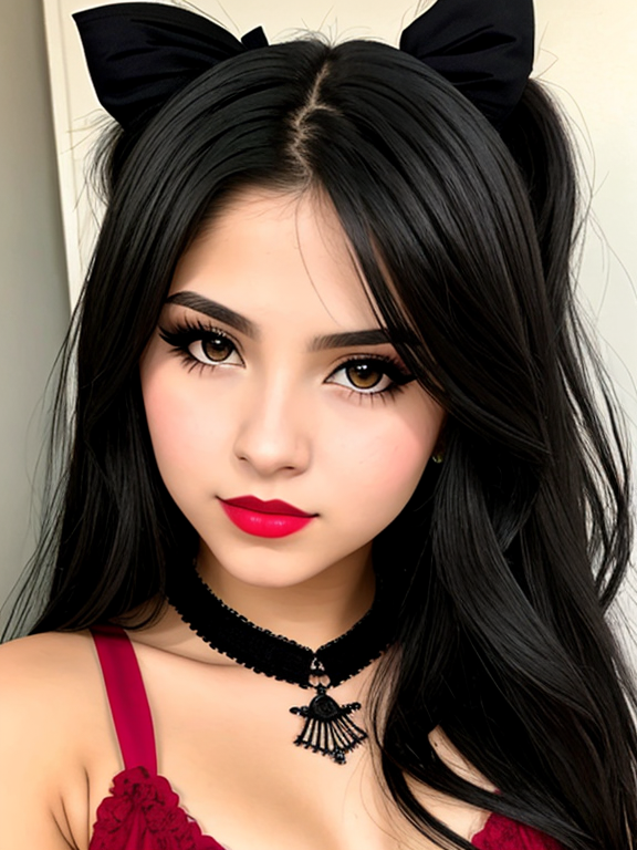 Chica vampiro 16 años, cabello largo negro, ojos verde esmeralda, labios rojos, vestido negro