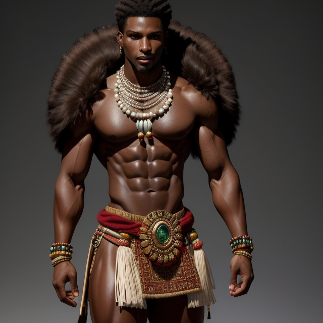 Unarmed Black Zulu male figure from head to toes . He has a toned body athletic muscle  build, with well-defined abs and arms. adorned with a traditional African attire, including a beaded necklace, a striped loincloth, and fur-lined sandals. His body is well-defined, showcasing a strong and athletic build.dark skin tone. style is realistic with a focus on the figure's attire and physique.The outfit is complemented by a necklace with multiple beads. meticulously detailing their appearance from head to toe in T-Pose,warrior or a character from a historical or cultural context. is realistic with a focus on the figure's attire and physique. Deliver a rich and descriptive narrative that seamlessly merges Shaka Zulu iconic traits with the authentic cultural tapestry of South Africa, resulting in a character that is not only visually captivating but also deeply resonant with the game's setting,exhibit a chiseled and detailed physique, akin to human realism,4k realism,transparent background  The image should have high polygon LOD and showcase the realism of the character,full body head to toes 