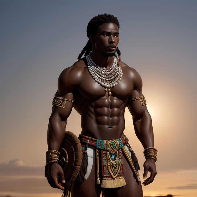 Unarmed Black Zulu male figure from head to toes . He has a toned body athletic muscle  build, with well-defined abs and arms. adorned with a traditional African attire, including a beaded necklace, a striped loincloth, and fur-lined sandals. His body is well-defined, showcasing a strong and athletic build.dark skin tone. style is realistic with a focus on the figure's attire and physique.The outfit is complemented by a necklace with multiple beads. meticulously detailing their appearance from head to toe in T-Pose,warrior or a character from a historical or cultural context. is realistic with a focus on the figure's attire and physique. Deliver a rich and descriptive narrative that seamlessly merges Shaka Zulu iconic traits with the authentic cultural tapestry of South Africa, resulting in a character that is not only visually captivating but also deeply resonant with the game's setting,exhibit a chiseled and detailed physique, akin to human realism,4k realism,transparent background  The image should have high polygon LOD and showcase the realism of the character,full body head to toes 