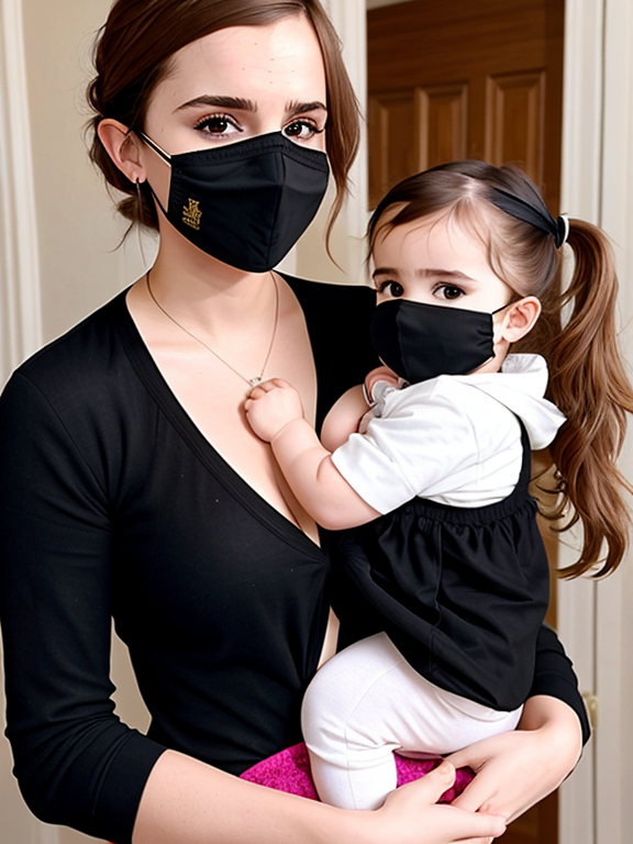 emma watson breastfeeding a 6 month baby with and she is wearing a black corona mask