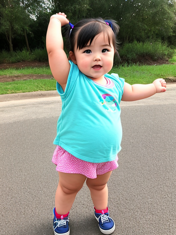 Chubby toddler girl raising up her arm 