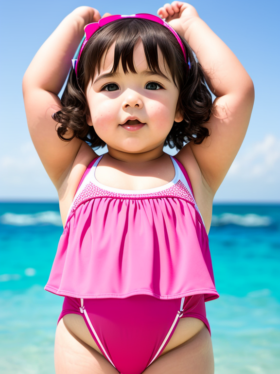 Chubby toddler girl with a swimsuit raising up her arm