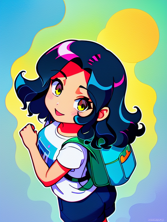 , black curly-silky hair, tan skin, wearing a backpack, style cartoon, colors, two-dimensional, planar vector, character design, T-shirt design, stickers, colorful splashes, and T-shirt design, Studio Ghibli style, soft tetrad color, vector art, fantasy art, watercolor effect, Alphonse Mucha, Adobe Illustrator, digital painting, low polygon, soft lighting, aerial view, isometric style, retro aesthetics, focusing on people, 8K resolution, octane render