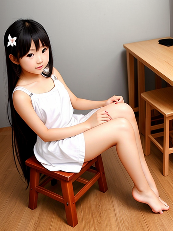 cute little anime asian japanese girl barefoot in a dress cute feet u p on a stool soles