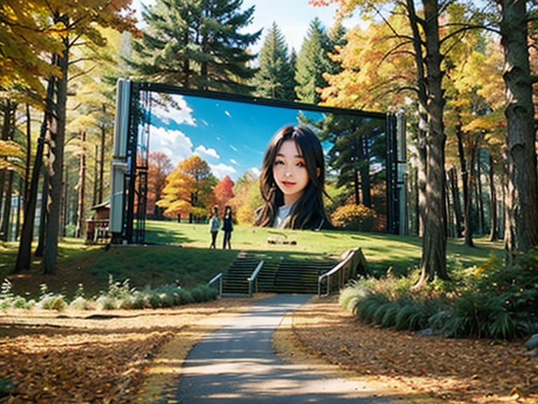 Giant screen in the middle of the forest in autumn time, 3D cartoon