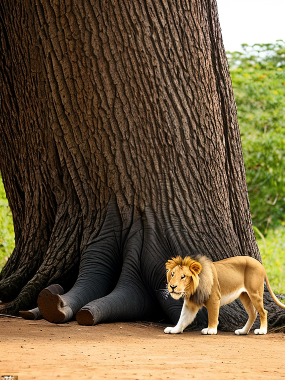 Low angle: The lion, framed by the immense trunk of the tree, roars in amusement at the tiny mouse pleading for its life. The mouse stands on its hind legs, bathed in the lion's shadow.