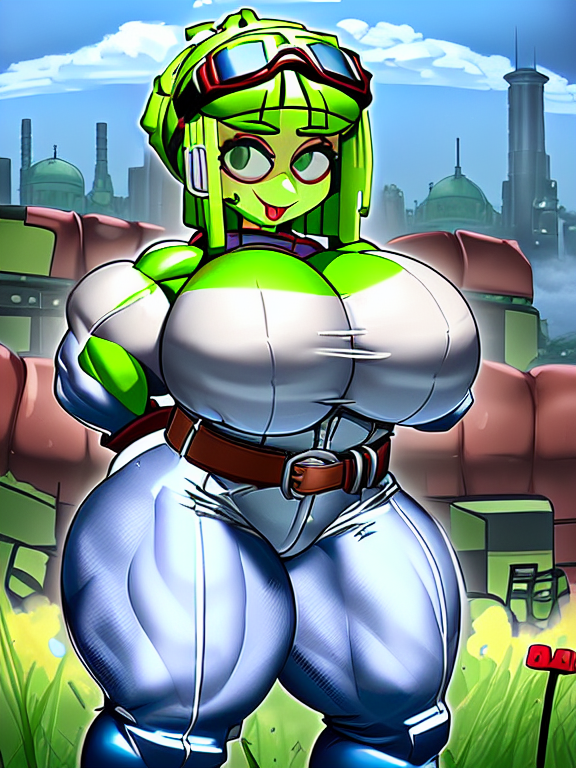 gir lmassive muscles, thicc, exaggeratedly large physique, large muscles, bursting with muscles, muscular!!, thicc build, exaggerated physique, huge muscles, big muscle, big muscles, absurdly massive physique, muscular girl, muscular!!!, strong and imposing, powerful and huge, ((best quality)), (highly detailed)), Masterpiece, ((official art)), (detailed eyes, deep eyes), (1girl:1, 33, solo), low-tied long hair,  hair rings, Medium breasts,  wide hips, thick thighs, ((:p)), skin tight, Latex, thigh boots,  (goggles, goggles on head), (white gloves), belt