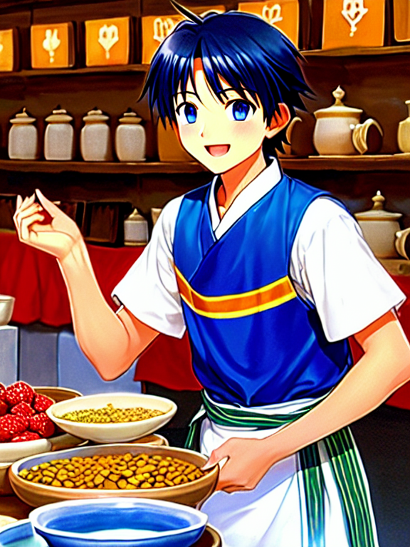 In a lively marketplace filled with colorful stalls and vibrant decorations, villagers gather around Kaito’s display of unique ceramics. The marketplace is bustling with activity, with vendors selling fruits, vegetables, and handmade goods. Kaito, a humble potter with a serene expression and gentle demeanor, stands proudly behind his table, which showcases an array of beautifully imperfect pottery. The ceramics are rich in detail, with natural textures and vibrant glazes, each piece telling its own story. The villagers, dressed in traditional, colorful attire, admire the pottery with expressions of awe and appreciation. The atmosphere is joyous and filled with a sense of community and celebration. Warm sunlight filters through the market, casting a golden glow over the scene, highlighting the happiness and connection shared among the villagers.