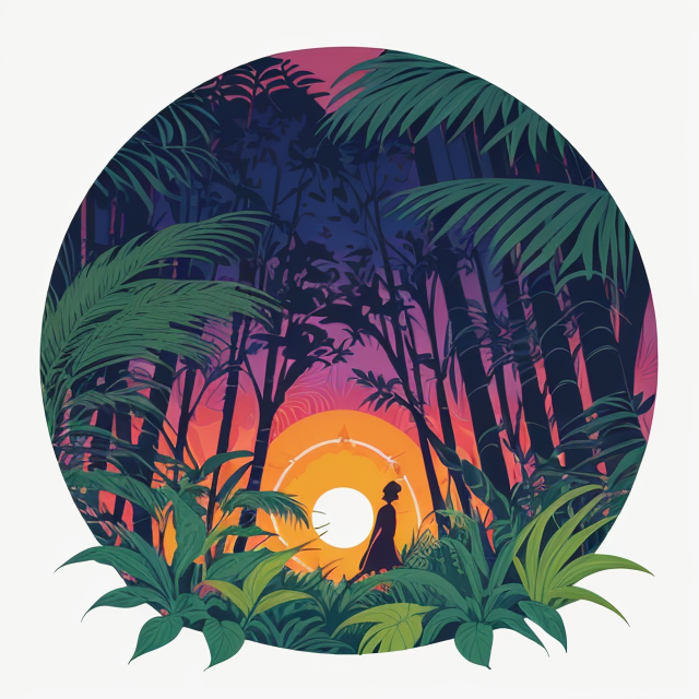 to become millionare, planar vector, character design, japan style artwork, on a shamanic vision quest, with beautiful nocturnal sun and lush Amazon jungle in the background, subtle geometric patterns, clean white background, professional vector, full shot, 8K resolution, deep impression illustration, sticker type, vibrant color, colorful background, a painting illustration , 2D