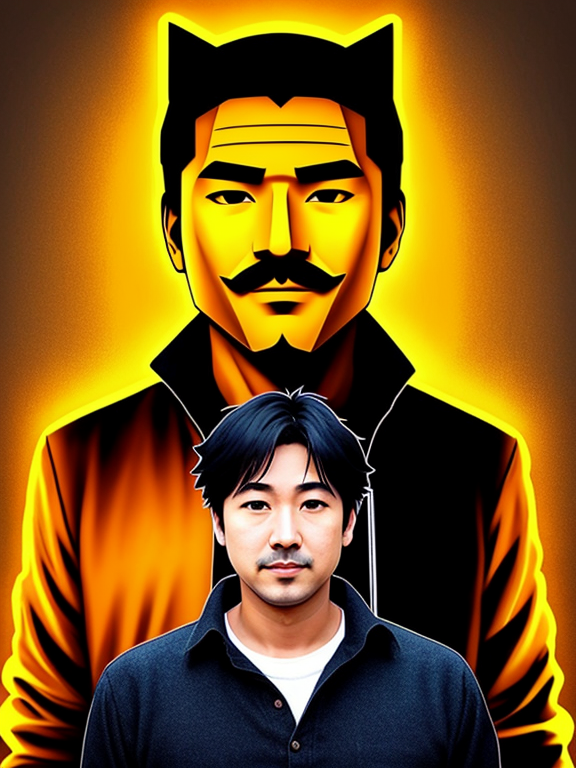 Satoshi Nakamoto creador de bitcoin animado con fondo amarillo 