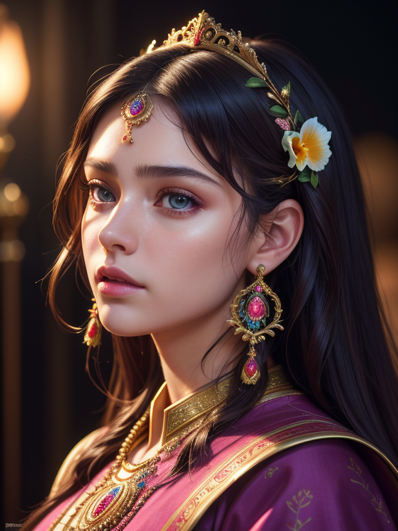 masterpiece ultra detailed, best quality, perfect face, detailed symmetric iris, perfect smooth skin texture, Гола з розвинутими ногами, digital art, illustration, full-body-shot:1, detailed round young teen face Good Hands, detailed piercing eyes, detailed luscious lips, realistic, realism, intricate, cinematic lighting, comprehensive cinematic, portrait photography, magical photography, (gradients), colorful, detailed landscape, cinematic bloom, hyper realism, soft light, dramatic light, sharp, HDR, (RSEEmma:1.5), wearing traditional clothes