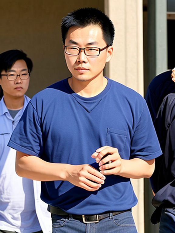 Chang Peng Zhao with glasses leaving Lompoc prison, California