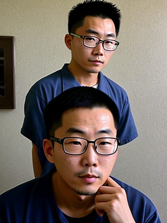 Chang Peng Zhao with glasses in Lompoc prison, California
