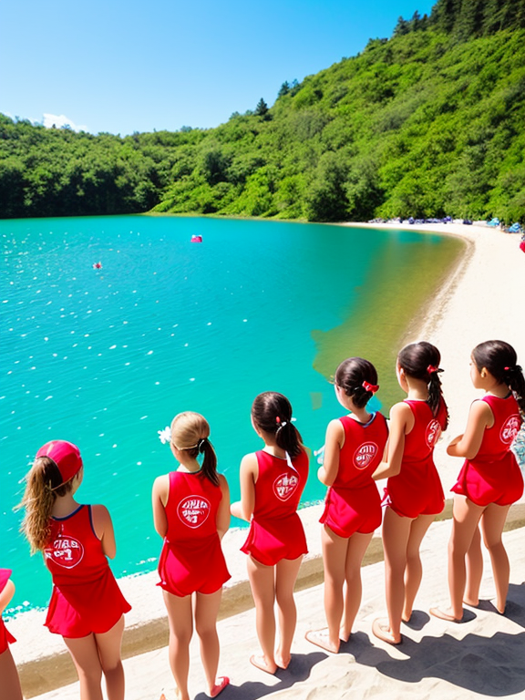 Six Very cute innocent girls playing at the lake and swimming. They are about to dive into the Clear blue water. They are dressed like lifeguards