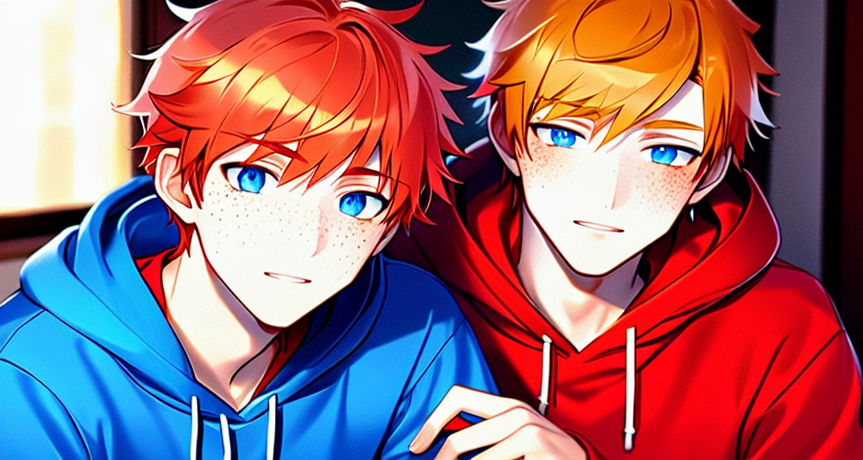 Teenage boy, orange hair, blue eyes, freckles, long nose, red hoodie
