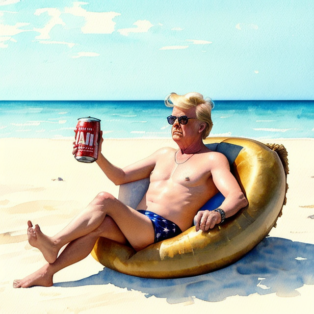Donald Trump chills on a float on the beach holding a can of beer, A simple, minimalistic art with mild colors, using Boho style, aesthetic, watercolor