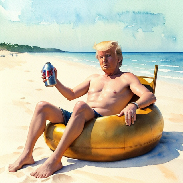 Donald Trump chills on a float on the beach holding a can of beer, A simple, minimalistic art with mild colors, using Boho style, aesthetic, watercolor