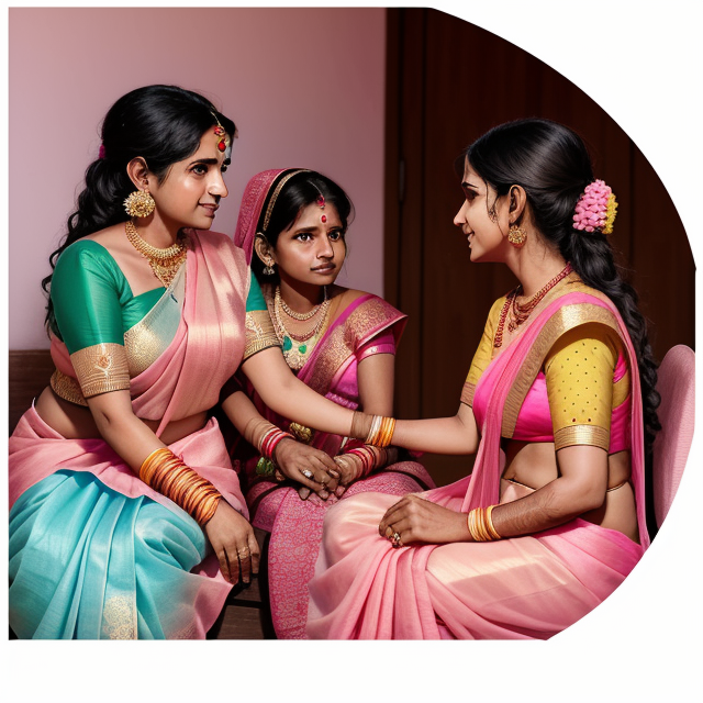 A community health worker from madhya pradesh, india wearing a pink saree is having a conversation about family planning with a young married woman in a private space at the young women's home in rural Gwalior, vector, vibrant color, incredibly high details, white background, plashing colors, Cartoon character, stickers designs