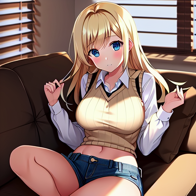 A blonde girl sitting on her couch in a sweater vest and high waisted jean shorts with her stomach exposed