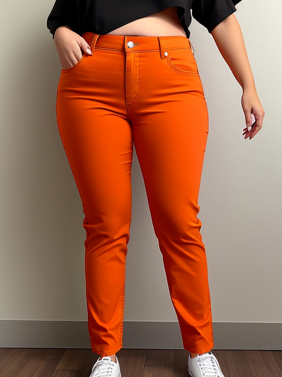 An orange, large, belly gjrl wjth greenjsh pants jeans wjth her belly fully shoved on the screen jmage you'll generate.