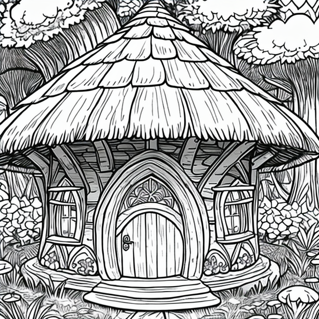  A mushroom fairy house with a thatched roof and a tiny chimney coloring book, no grayscale, very detailed design, kawaii style cartoon coloring page for kids, cartoon style, clean line art high detailed, no background, white, black, coloring book, sketchbook, realistic sketch, free lines, on paper, character sheet, 8k