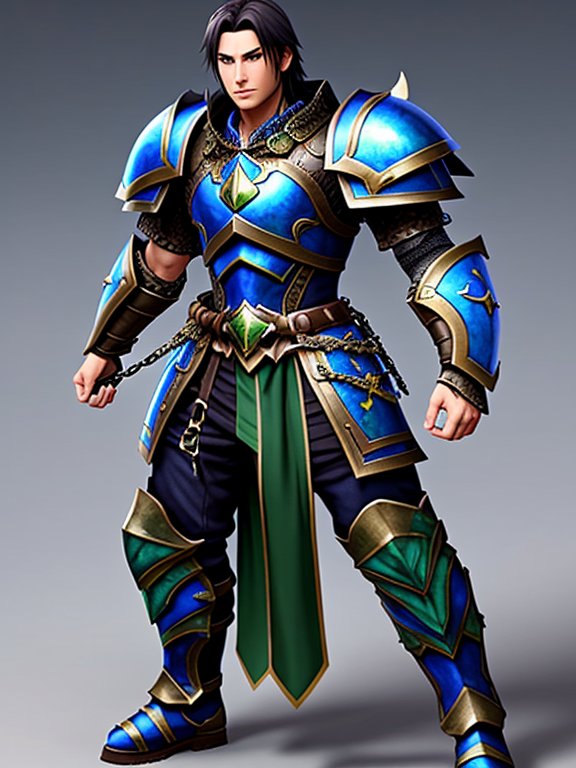 Blue dragon person paladin with green eyes, muscular, flail weapon and shield in hand wearing nice clothes with chain mail under it