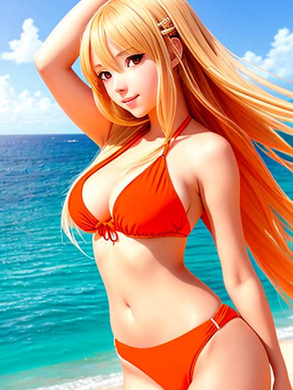anime girl with long blonde hair in an orange bikini on a beach , Anime art