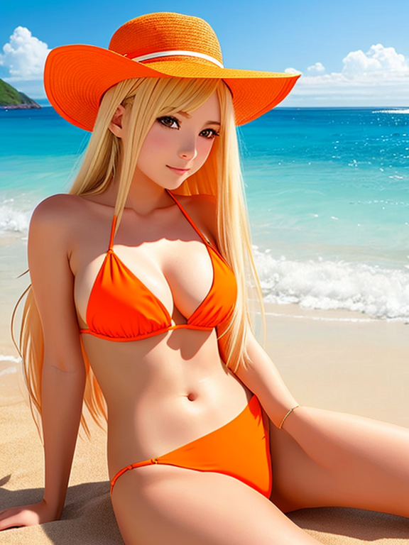 anime girl with long blonde hair in an orange bikini and a hat on a beach , Anime art