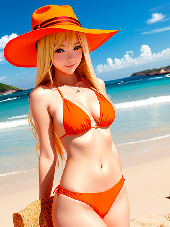 anime girl with long blonde hair in an orange bikini and a hat on a beach , Anime art