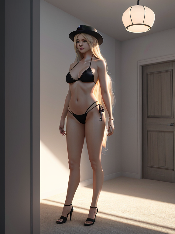 Portrait, A beautiful woman that is standing in a modern room, anime girl with long blonde hair in a bikini and a hat on a beach , full body view, real full body height, beautiful woman standing confidently in a bright, modern room with minimal decor, vivid lighting, and an elegant atmosphere, highly detailed and intricate digital painting, with sharp focus and smooth textures, inspired by the works of artgerm, Beautiful hair, Makeup, Octane render, 8k, Beautiful lighting, Golden ratio composition, hyper realistic