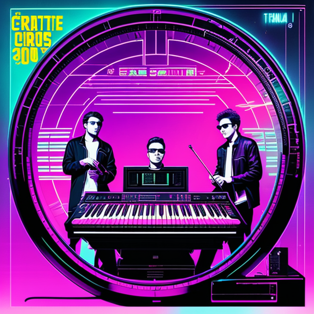 create an album cover. dimensions of 1400 x 1400 px. musicians, using synthesizer keyboards from the 80s synthpop, synthwave  style, 80s
