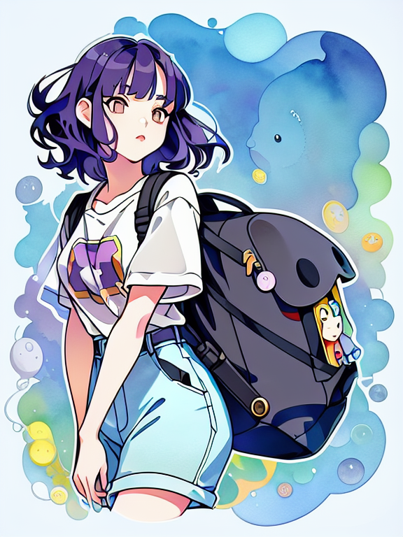 pale Woman Round face, thin eyebrows, gray almond eyes, button nose, defined cheekbones, full lips straight short loose hair, black and purple hair, side parted messy hair. Tight clothing, black curly-silky hair, tan skin, wearing a backpack, style cartoon, colors, two-dimensional, planar vector, character design, T-shirt design, stickers, colorful splashes, and T-shirt design, Studio Ghibli style, soft tetrad color, vector art, fantasy art, watercolor effect, Alphonse Mucha, Adobe Illustrator, digital painting, low polygon, soft lighting, aerial view, isometric style, retro aesthetics, focusing on people, 8K resolution, octane render