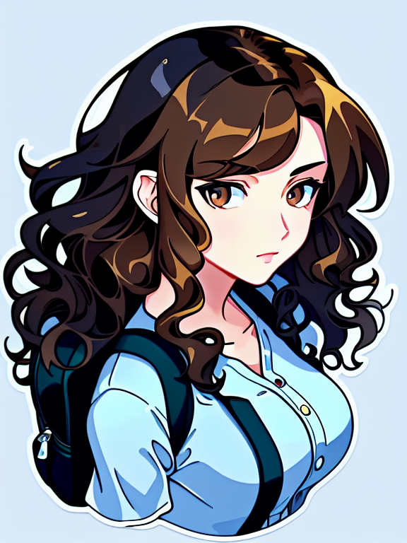 pale thin Woman diamond shaped face, thin eyebrows, brown almond eyes, button nose, defined jawline, thin lips long straight loose hair, dark brown hair, side parted messy disheveled hair. Tight clothing, black curly-silky hair, tan skin, wearing a backpack, style cartoon, colors, two-dimensional, planar vector, character design, T-shirt design, stickers, colorful splashes, and T-shirt design, Studio Ghibli style, soft tetrad color, vector art, fantasy art, watercolor effect, Alphonse Mucha, Adobe Illustrator, digital painting, low polygon, soft lighting, aerial view, isometric style, retro aesthetics, focusing on people, 8K resolution, octane render