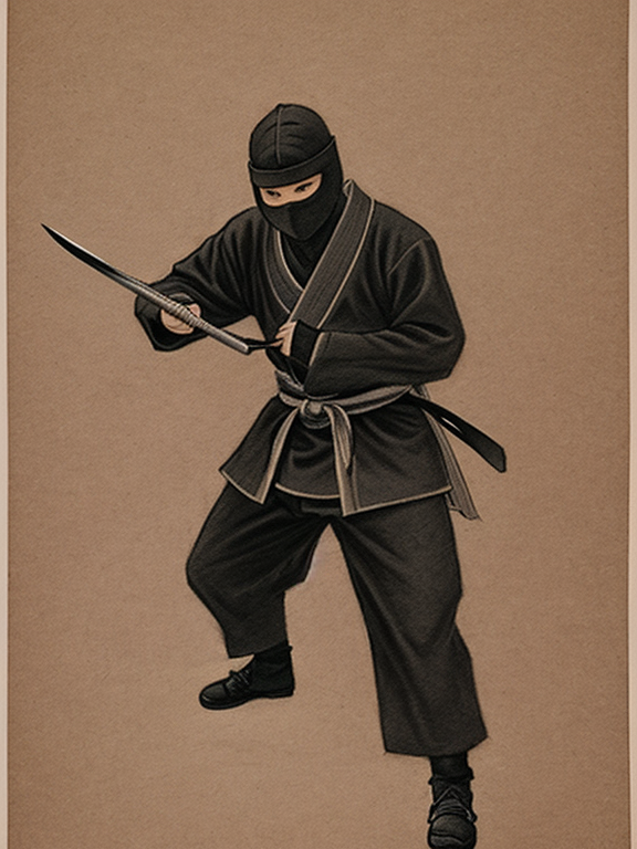 charcoal drawing on tan paper of a ninja executing a fighting technique. traditional japanese art  