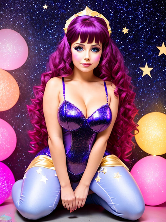 Starlight from the boys sitting on her knees, face covered in cake glaze, dressed in starlight costume