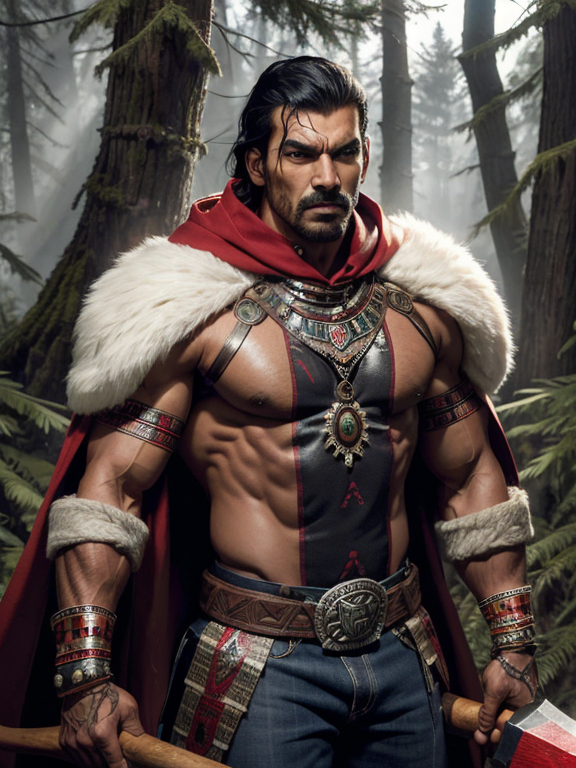John Abraham, the lumberjack with a big axe, shoulder pads made from intricate wood carvings, stalking cape, hood, winds howl in the trees, natures wrath, r1ge, aztec warrior queen , aztec warrior style, Cyperpunk, wearing Aztec accessories
