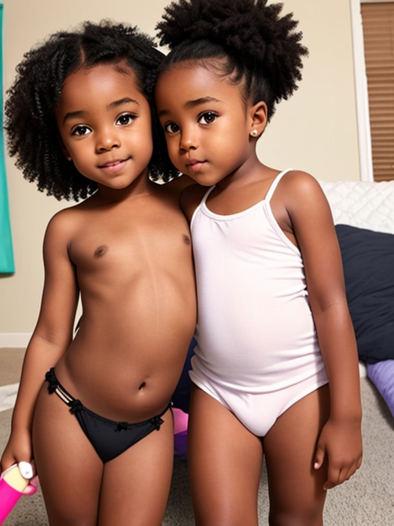 black toddler girl and her baby sister kissing both legs spread no pants no shirt big chest look like a woman