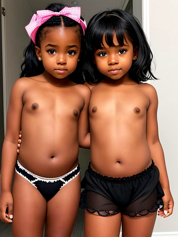 black toddler girl and her baby sister both legs spread no pants no shirt  big boobs look like a woman