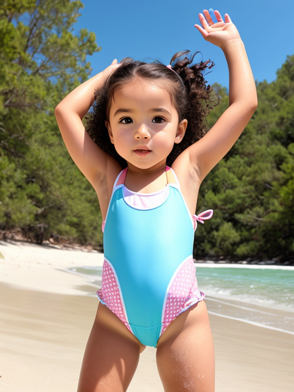 toddler girl in bathing suit bum in the air mouth open