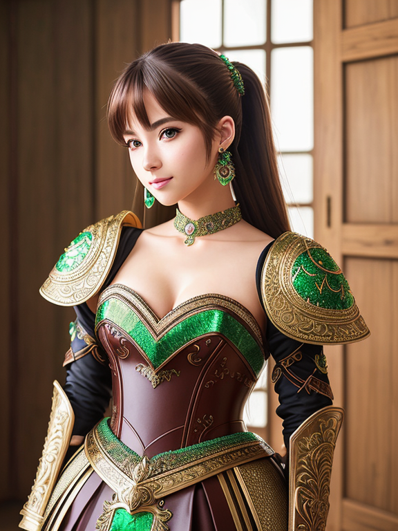 (masterpiece, best quality, very aesthetic, ultra detailed), intricate details, 4k, aajupiter, long hair, brown hair, ponytail, hair bobbles, earrings, green eyes, armor, strapless, standing, smile, <full body>, heeled shoes , 90s Japanese anime style