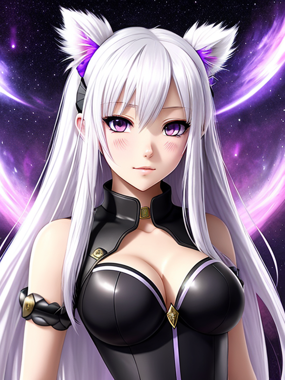 anime woman, White skin, hair that is white and purple fading to pink with stars, right eye purple, left eye yellow, grey ace of spades below left eye, grey swirl below right eye, glass stomach and glass upper arms, ferret ears and tail, long hair in pigtails, flying in the clouds on a magical two headed fluffy white and red dragon, in dragon armor 