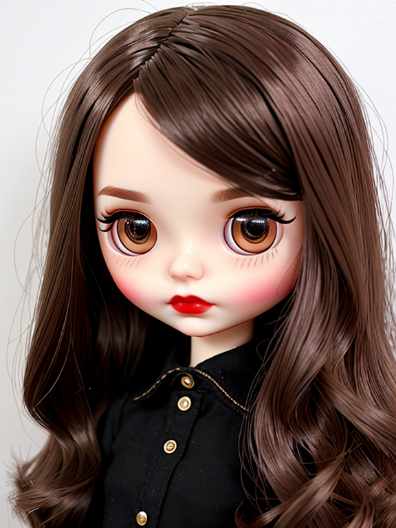 create a blythe doll with brown eyes, black hair with middle parting and red lips
