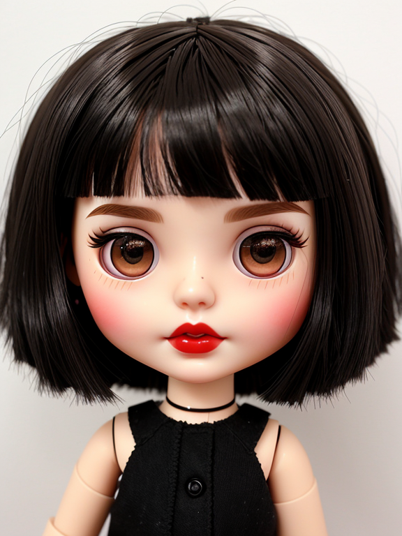 create a blythe doll with brown eyes, black hair PARTED IN THE MIDDLE and red lips