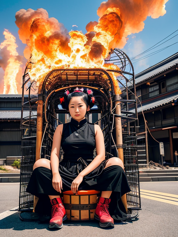 a japan woman in a tight black skirt and space buns sitting crossleg on a throne of scrap metal and wires with fire coming out of some pipes
