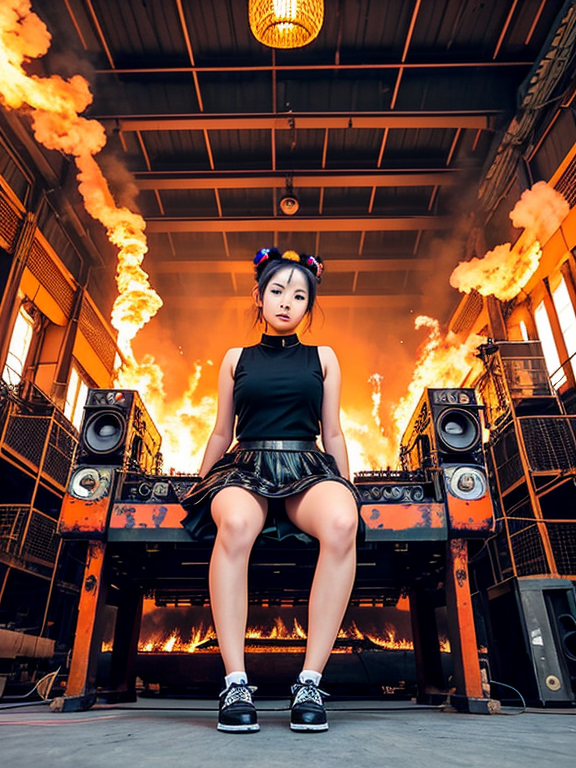 a japan young woman in a tight black skirt and space buns sitting on a very high throne of scrap metal and wires with fire coming out of some pipes. it is in a big old hall. there is a rave there and some boomboxes and a dj